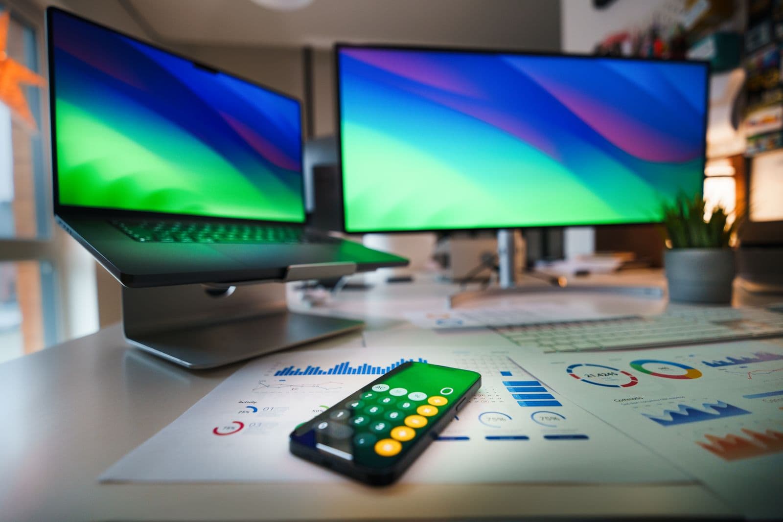 Contemporary office desk featuring a laptop, smartphone calculator app, and business graphs.